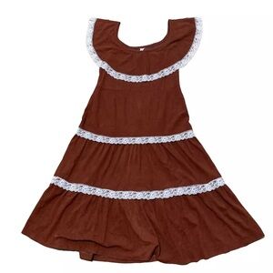 Tiered Peasant Dress Women 6 Vintage 90s Brown Cream Lace Boho Western Lagenlook